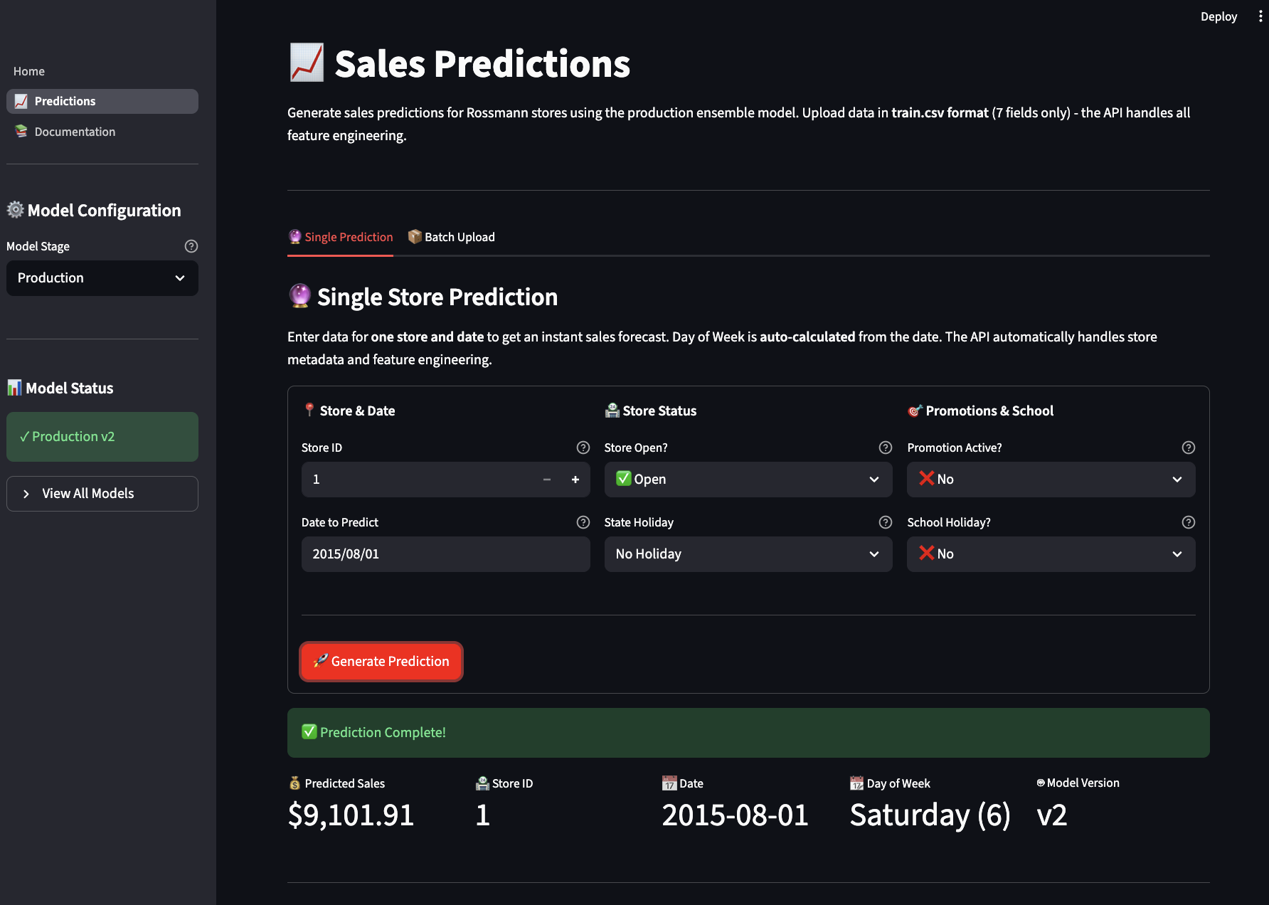 Single Prediction Interface