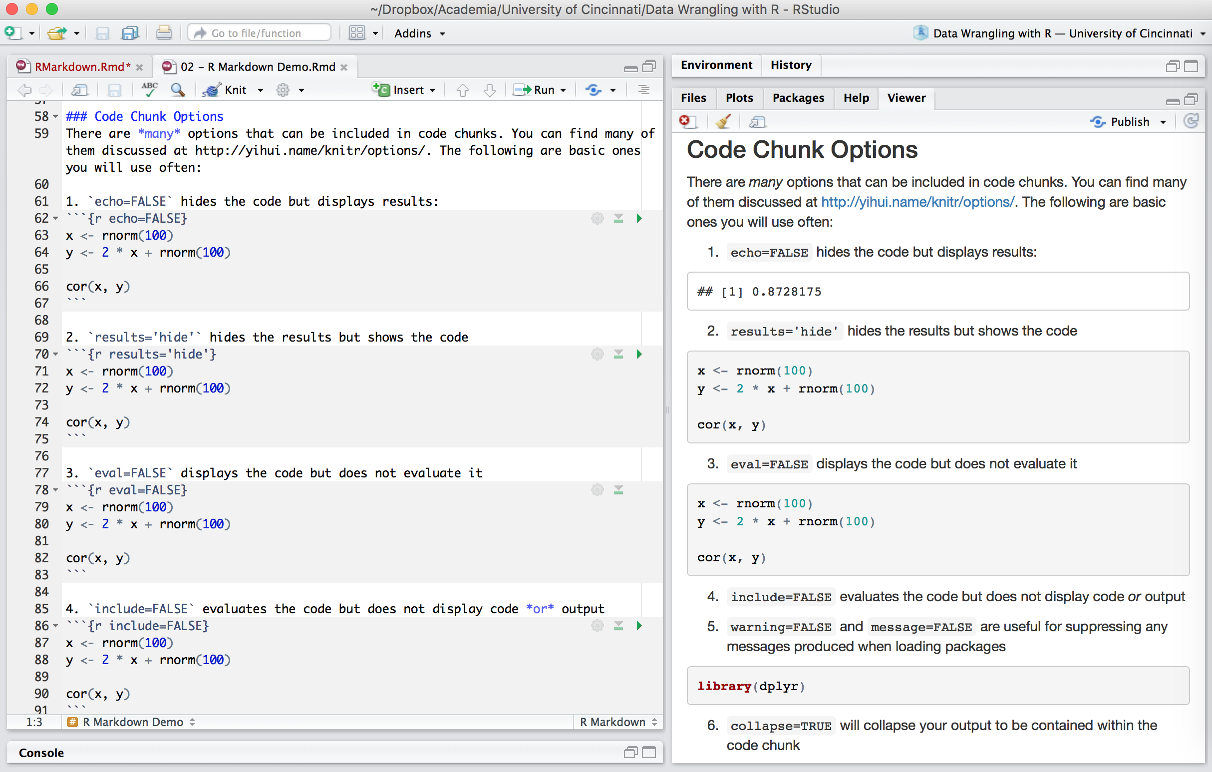 Code chunks in the .Rmd file versus the output produced.