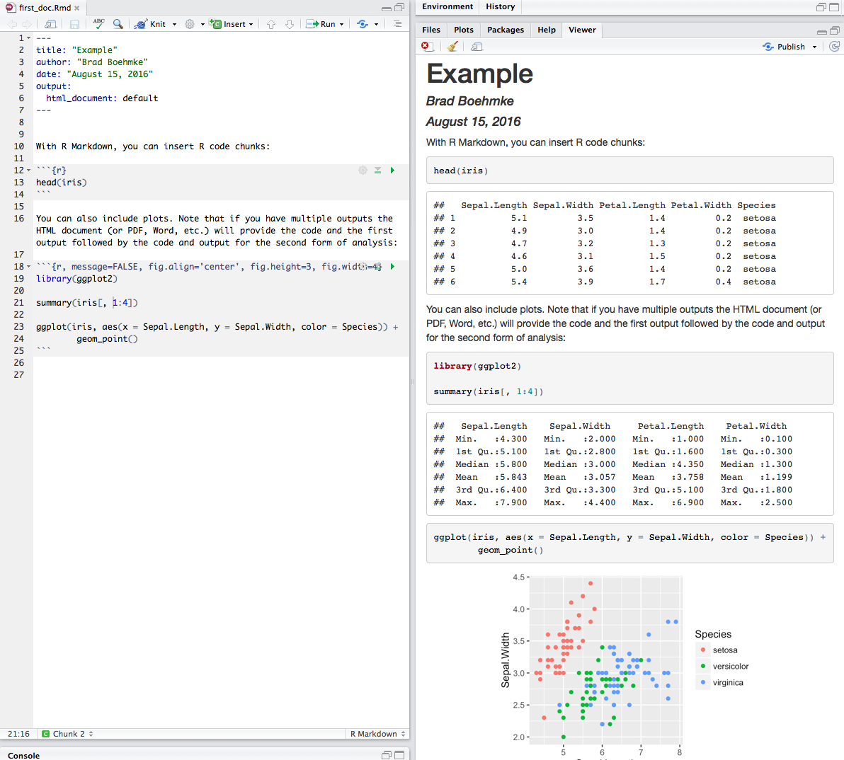 Code chunks in the .Rmd file versus the output produced.