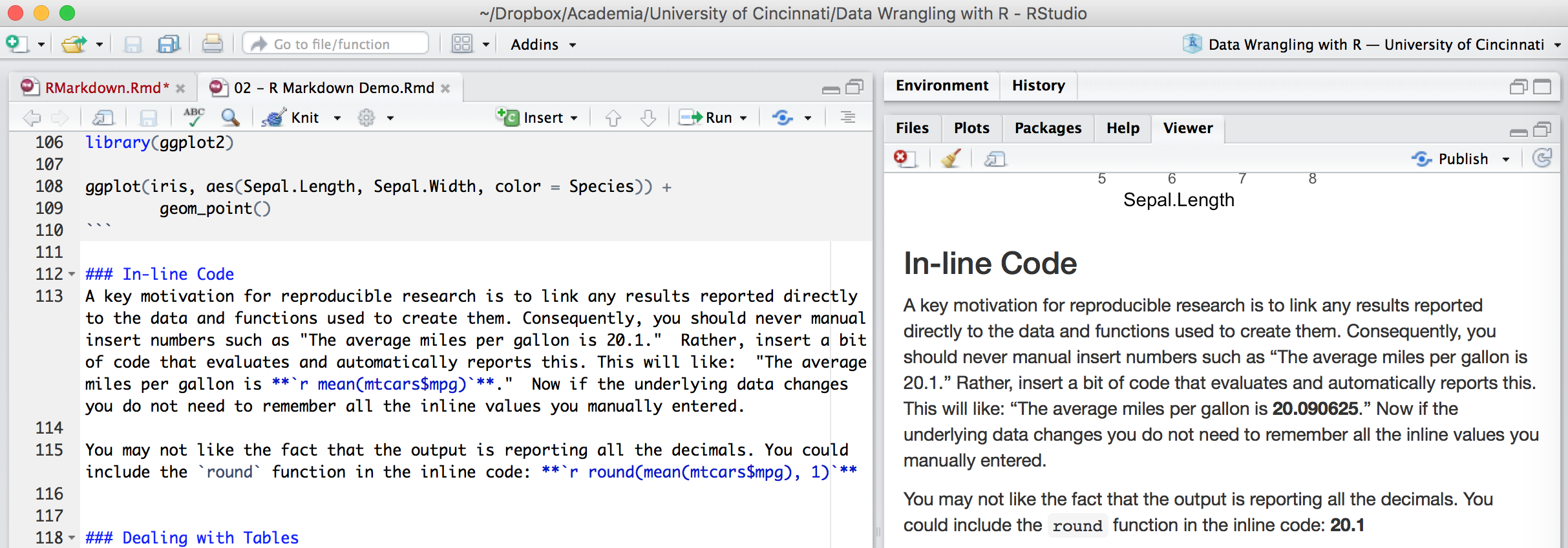 Inline code chunks in the .Rmd file versus the output produced.