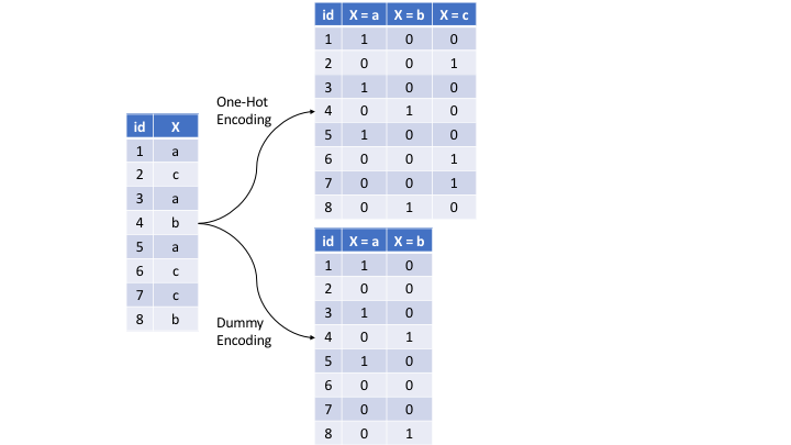 Eight observations containing a categorical feature X and the difference in how one-hot and dummy encoding transforms this feature.