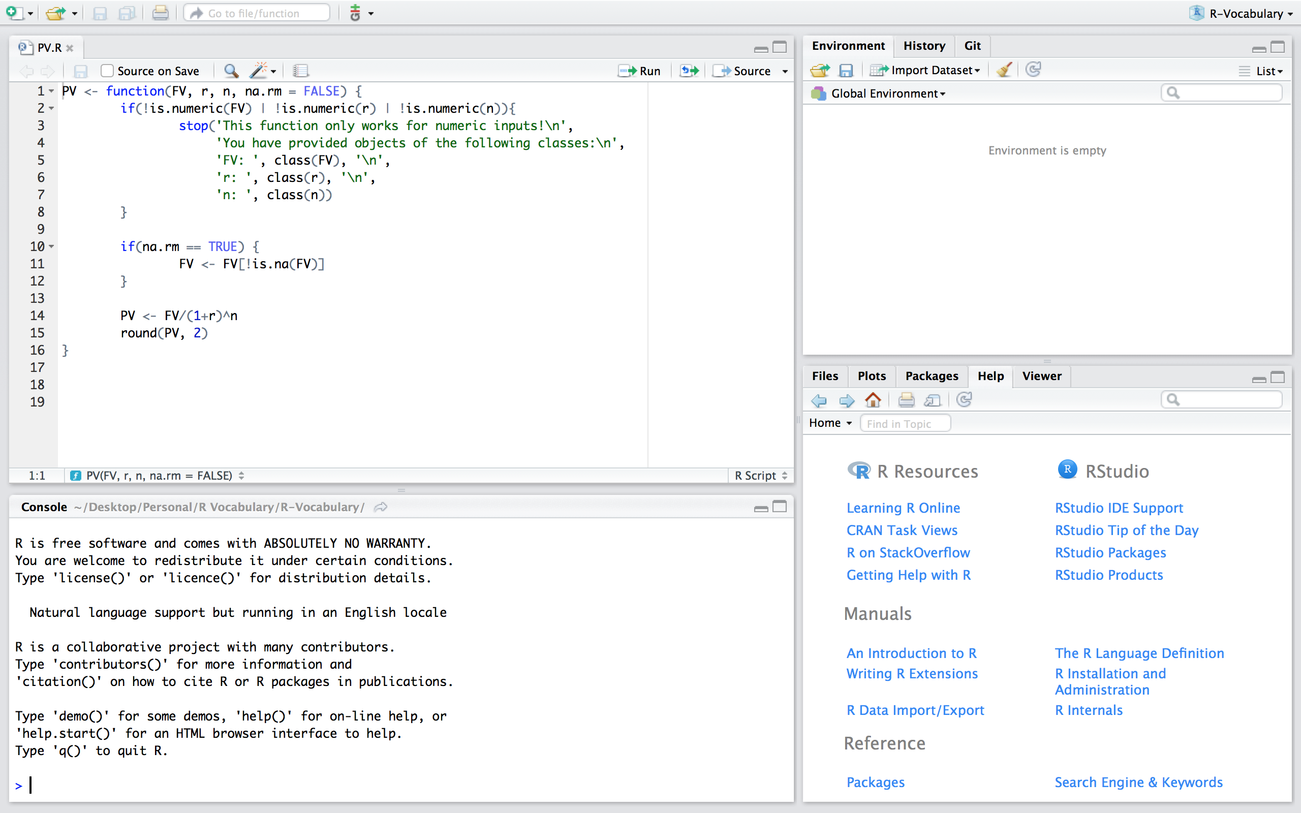 PV.R script that contains a function to compute the present value.