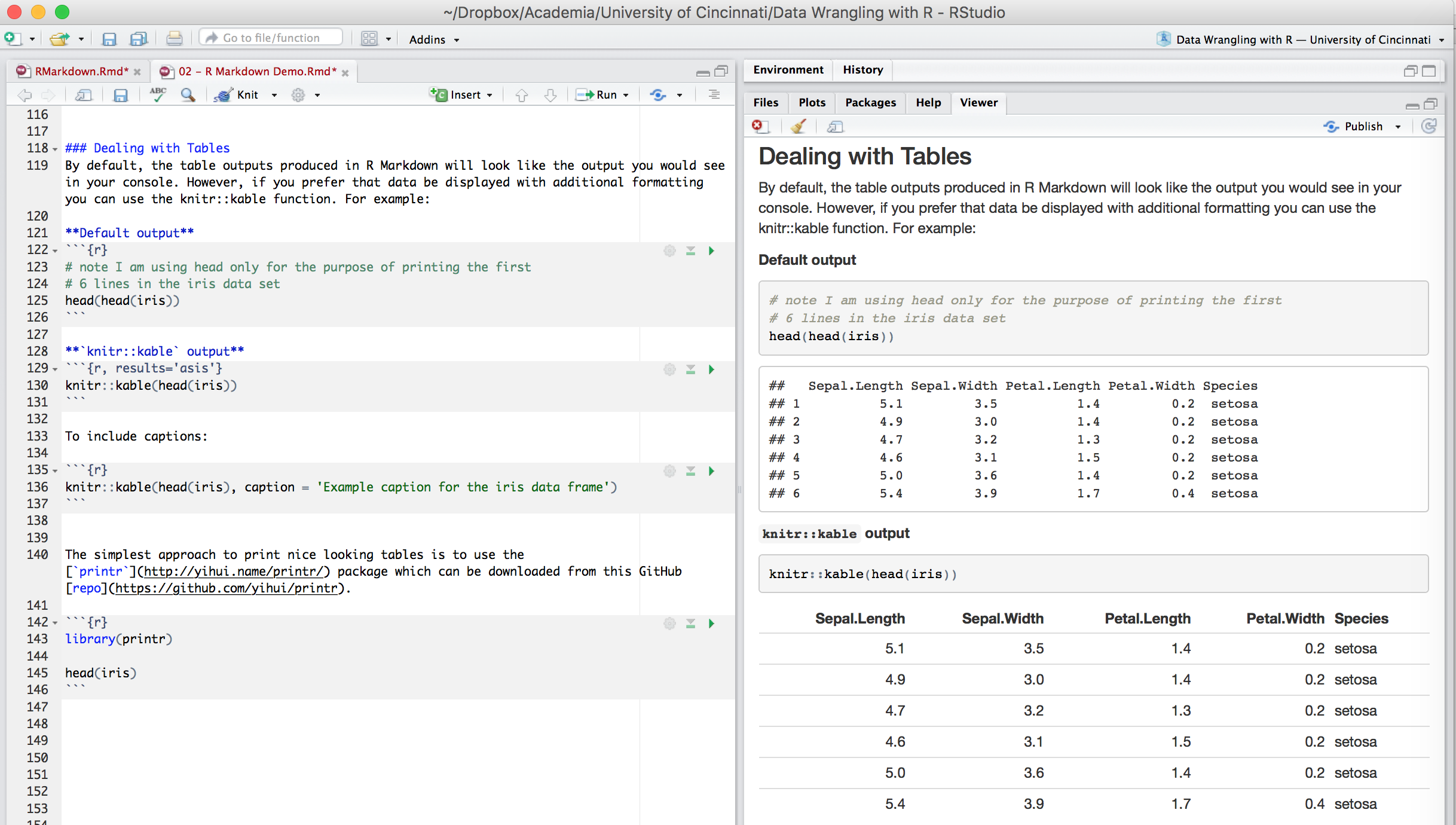 Tables in the .Rmd file versus the output produced.