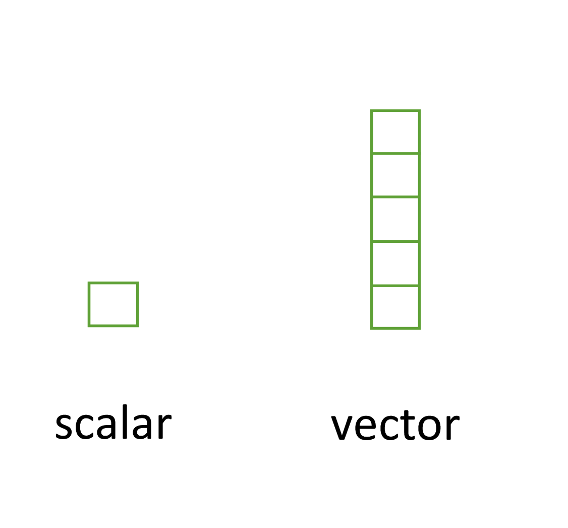 Scalars versus vectors. In R, the only difference is the number of elements.